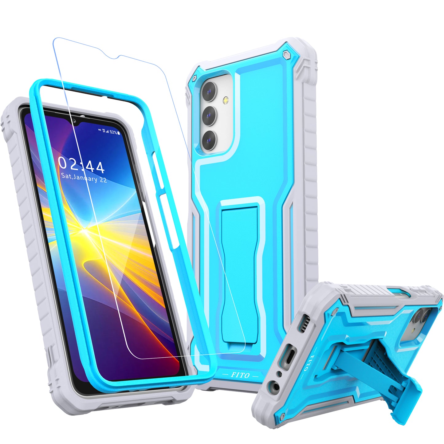 FITO for Samsung Galaxy A13 Case, Dual Layer Shockproof Heavy Duty Case with Glass Screen Protector for Samsung A13 5G Phone, Built in Kickstand