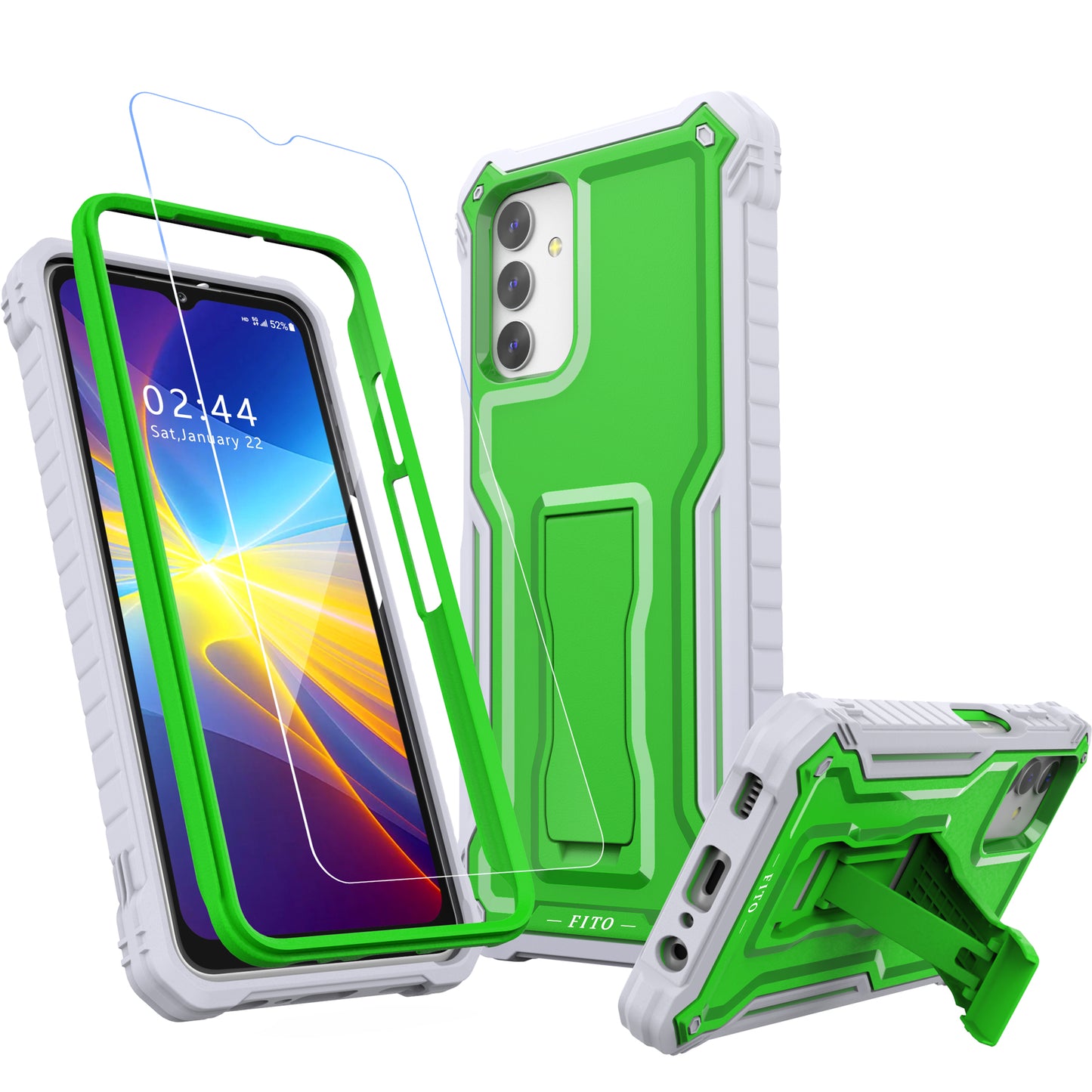 FITO for Samsung Galaxy A13 Case, Dual Layer Shockproof Heavy Duty Case with Glass Screen Protector for Samsung A13 5G Phone, Built in Kickstand