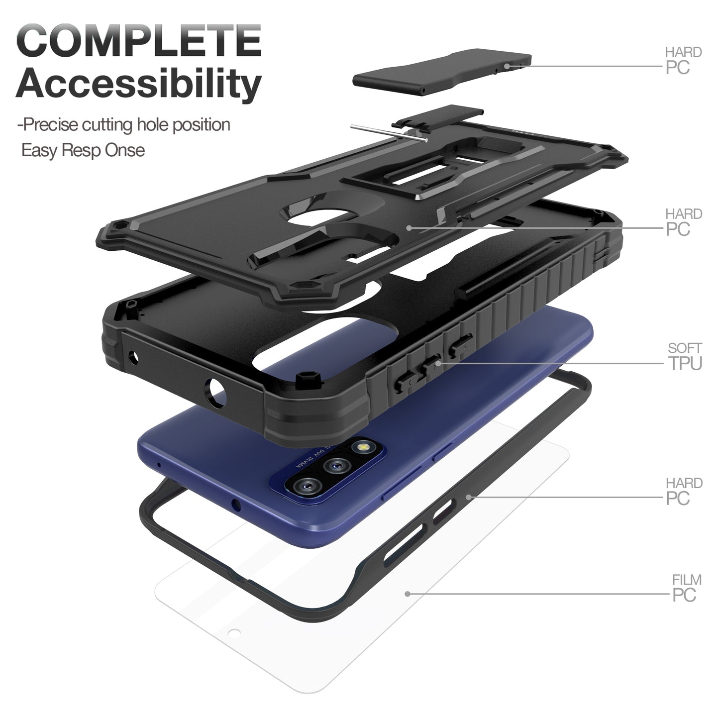 FITO for Moto G Pure Case, Dual Layer Shockproof Heavy Duty Case with a Glass Screen Protector, Built-in Kickstand