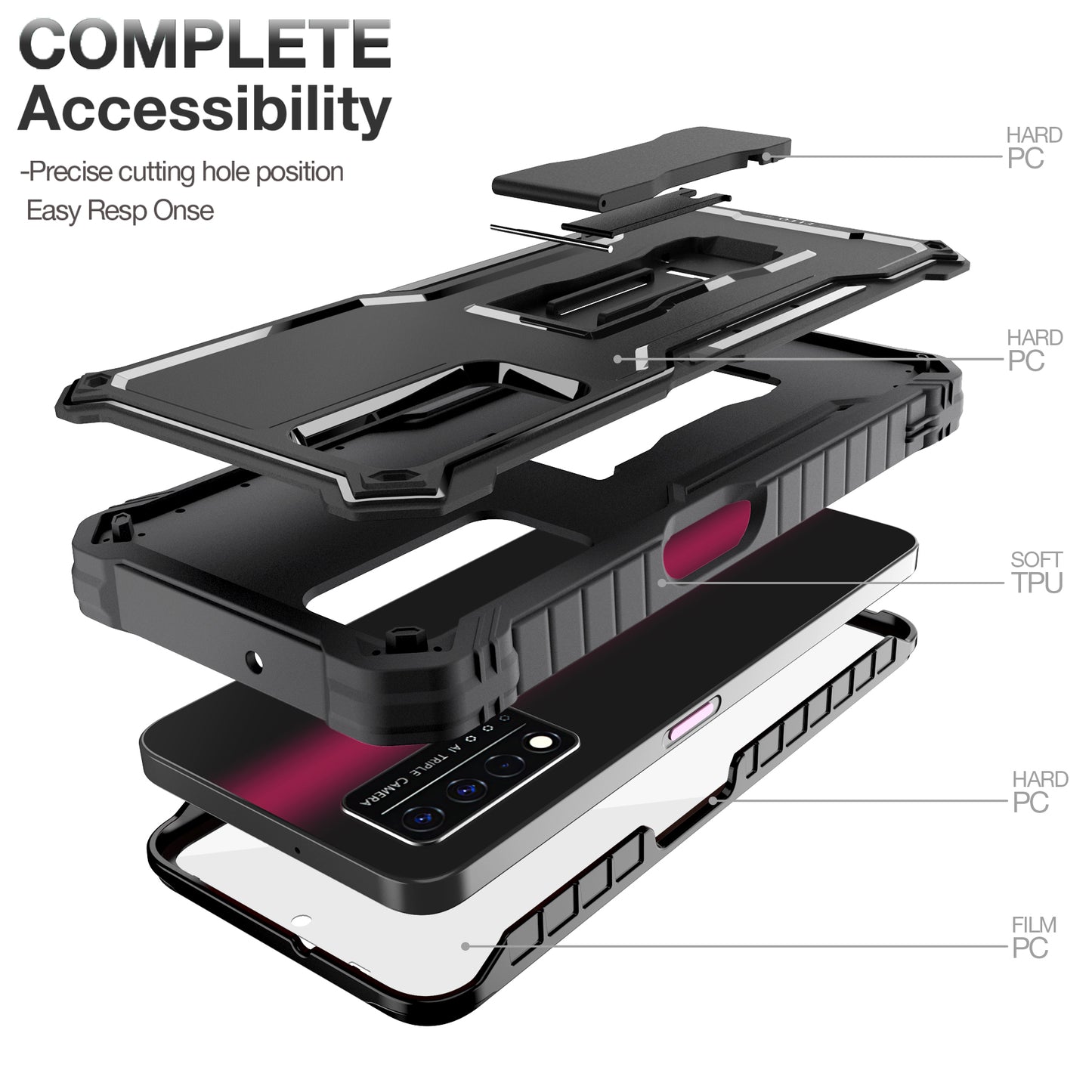 FITO for T-Mobile REVVL V Plus 5G Case, Dual Layer Shockproof Heavy Duty Case for T-Mobile REVVL V Plus 5G Phone with Screen Protector, Built in Kickstand