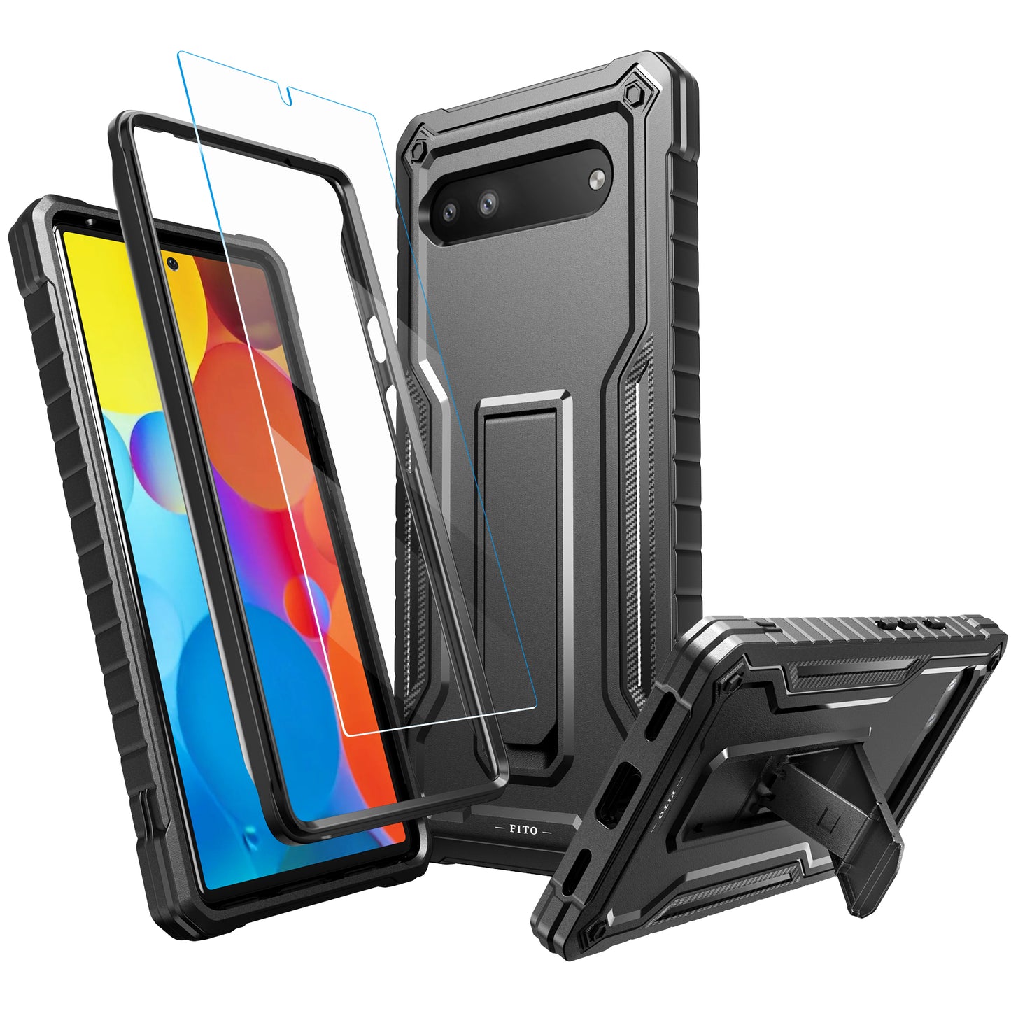 FITO for Google Pixel 6A Case, Dual Layer Shockproof Heavy Duty Case with Tempered Glass Screen Protector Built-in Kickstand