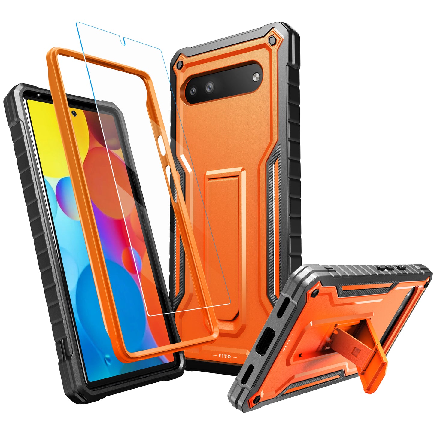 FITO for Google Pixel 6A Case, Dual Layer Shockproof Heavy Duty Case with Tempered Glass Screen Protector Built-in Kickstand
