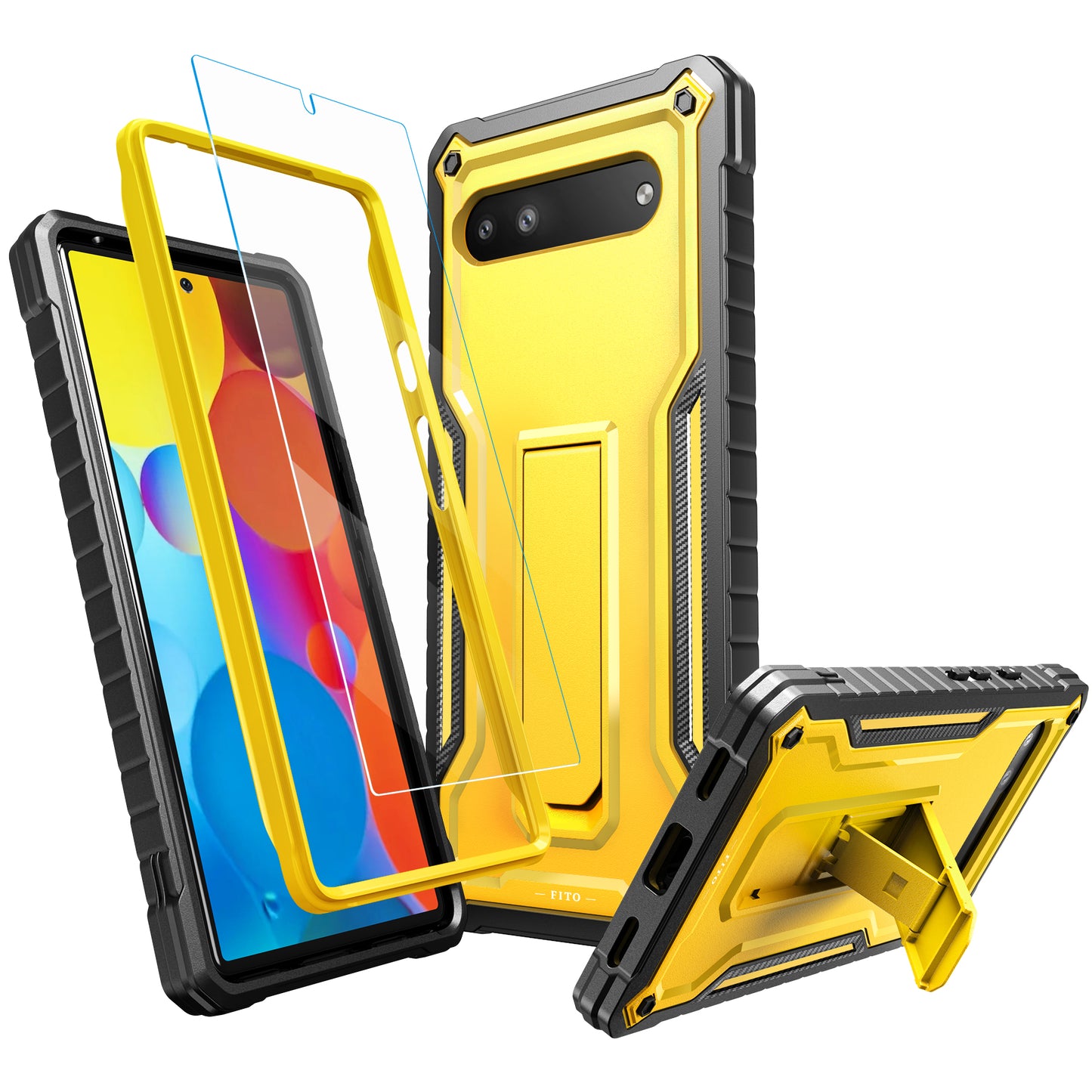 FITO for Google Pixel 6A Case, Dual Layer Shockproof Heavy Duty Case with Tempered Glass Screen Protector Built-in Kickstand