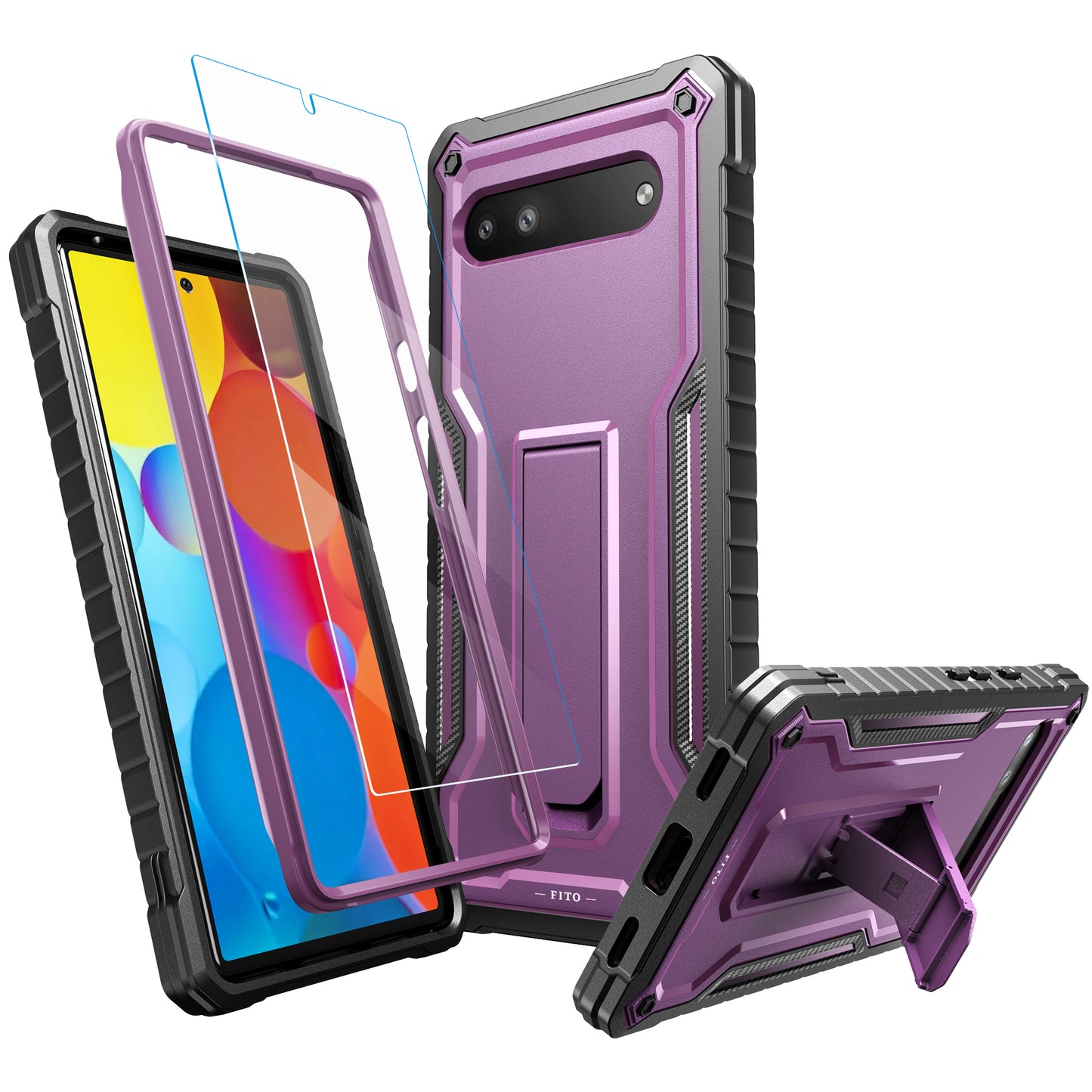 FITO for Google Pixel 6A Case, Dual Layer Shockproof Heavy Duty Case with Tempered Glass Screen Protector Built-in Kickstand