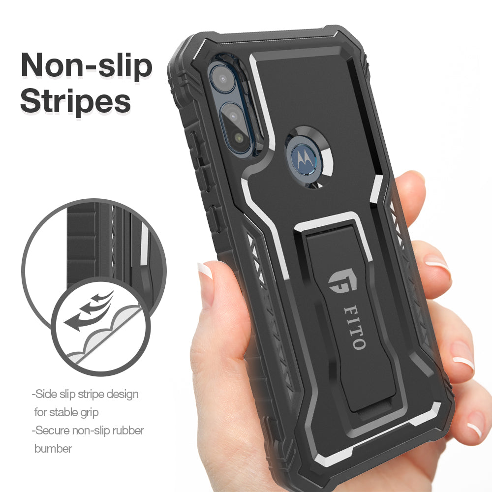 FITO Moto E Phone Case, Dual Layer Shockproof Heavy Duty Case for Motorola Moto E 2020 Phone with Screen Protector, Built-in Kickstand