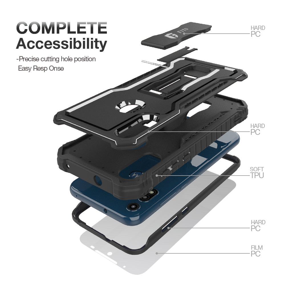 FITO Moto E Phone Case, Dual Layer Shockproof Heavy Duty Case for Motorola Moto E 2020 Phone with Screen Protector, Built-in Kickstand