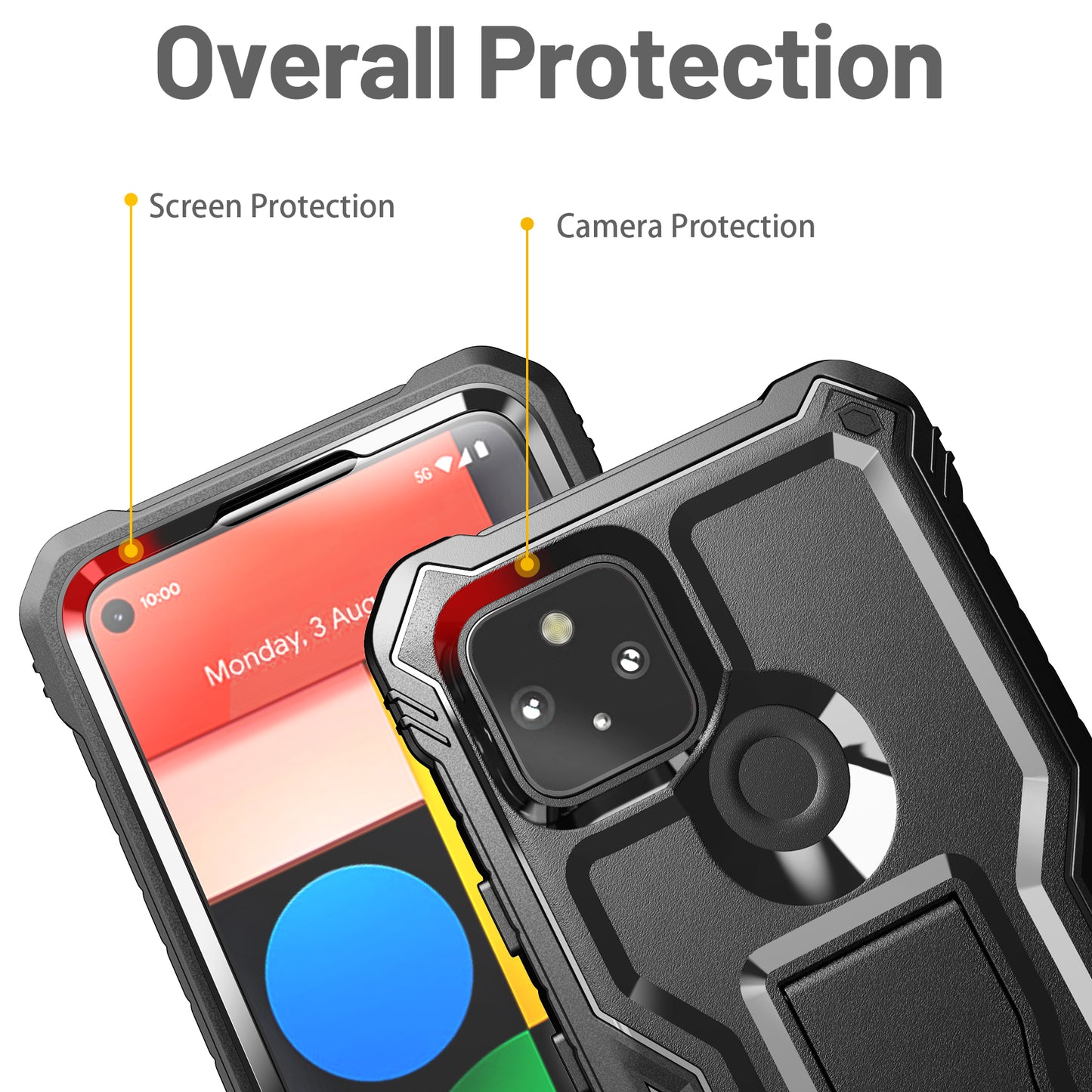 FITO for Pixel 5 Case, Dual Layer Shockproof Heavy Duty Case with Screen Protector for Google Pixel 5 Phone, Built-in Kickstand