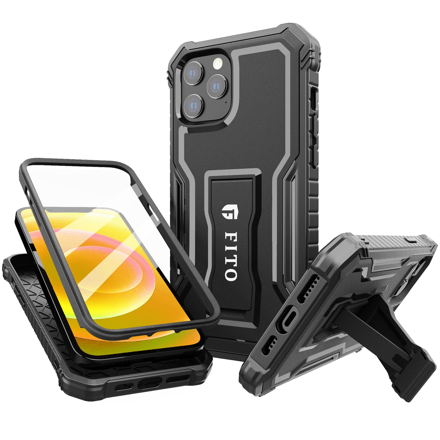 FITO Case for iPhone 12 & iPhone 12 Pro, Dual Layer Shockproof Heavy Duty Case with Screen Protector, Built-in Kickstand