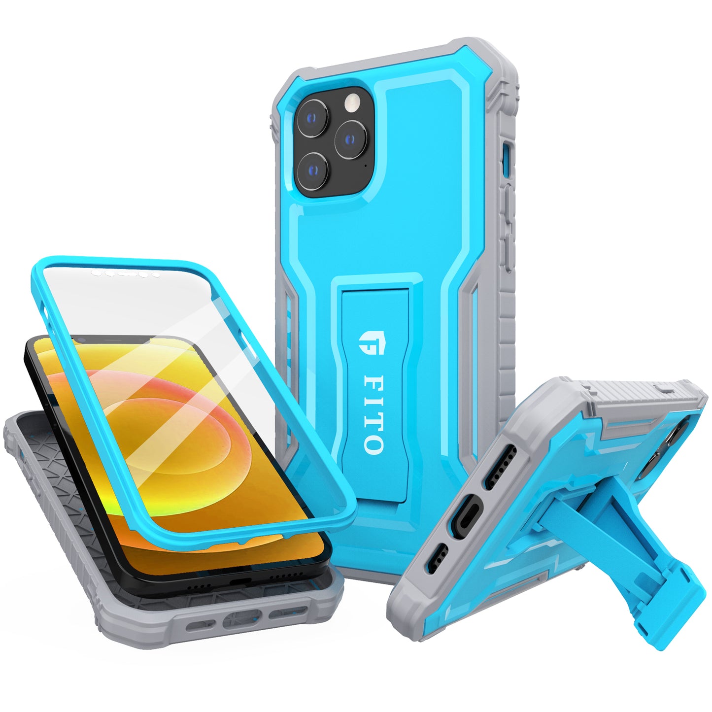 FITO Case for iPhone 12 & iPhone 12 Pro, Dual Layer Shockproof Heavy Duty Case with Screen Protector, Built-in Kickstand