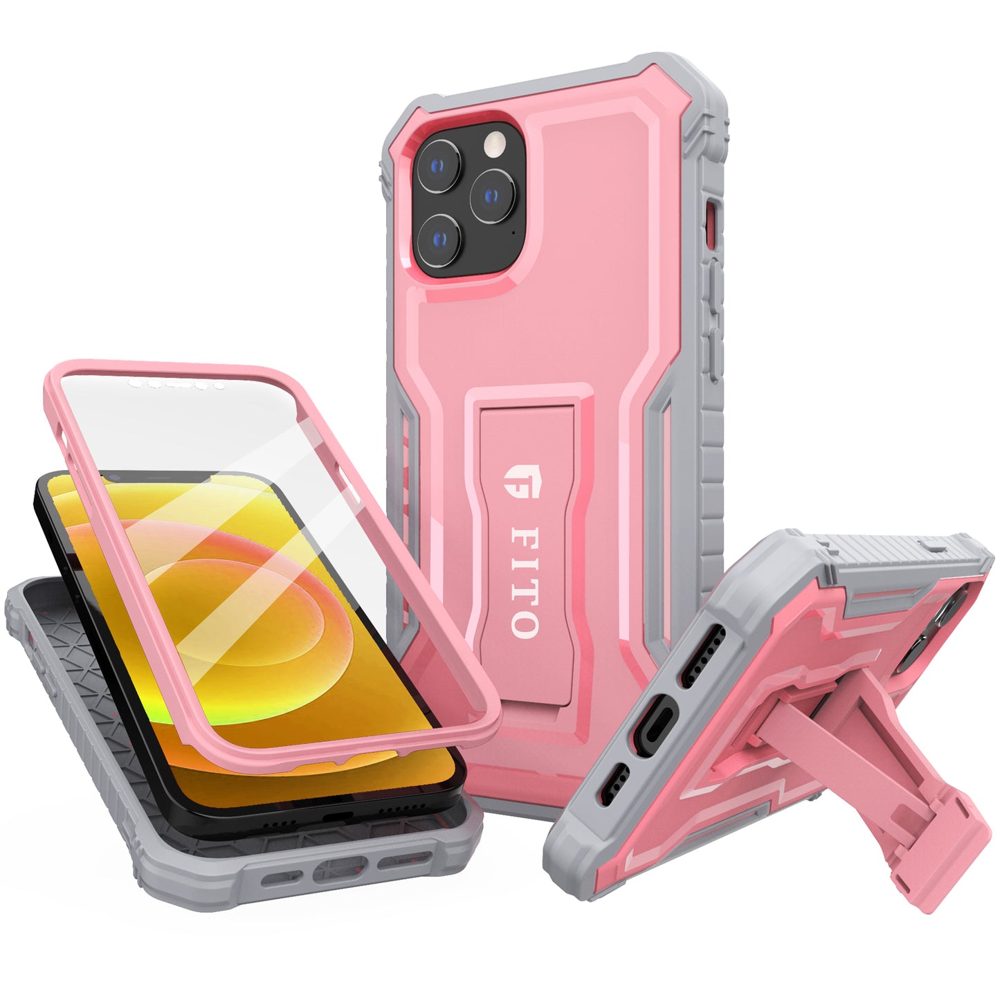 FITO Case for iPhone 12 & iPhone 12 Pro, Dual Layer Shockproof Heavy Duty Case with Screen Protector, Built-in Kickstand