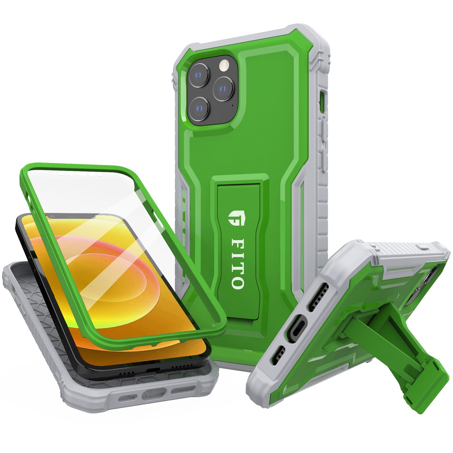 FITO Case for iPhone 12 & iPhone 12 Pro, Dual Layer Shockproof Heavy Duty Case with Screen Protector, Built-in Kickstand