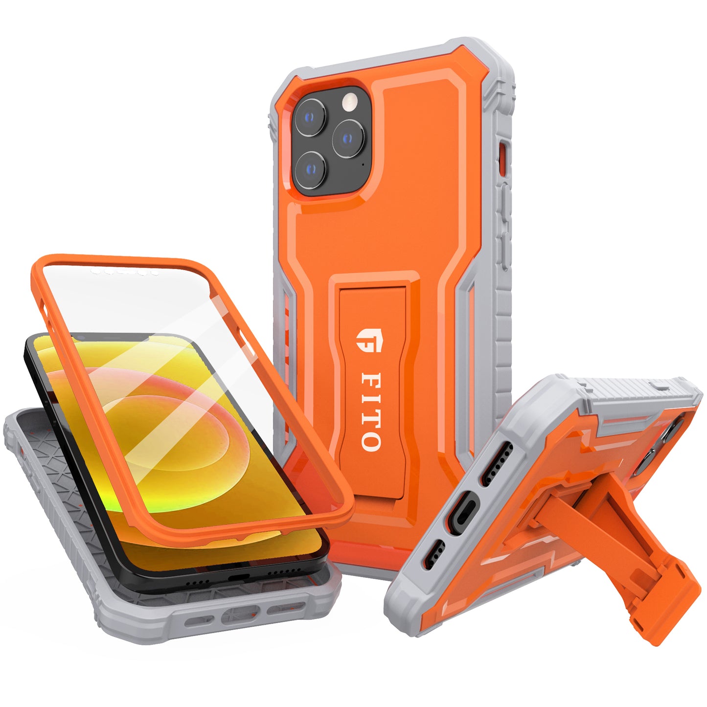 FITO Case for iPhone 12 & iPhone 12 Pro, Dual Layer Shockproof Heavy Duty Case with Screen Protector, Built-in Kickstand