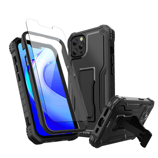 FITO for Apple iPhone 13 Case, Dual Layer Shockproof Heavy Duty Case with Tempered Glass Screen Protector and Built in Kickstand