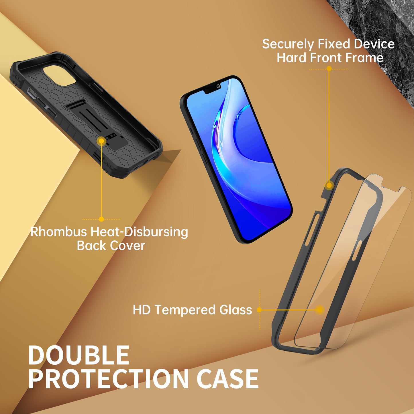 FITO for Apple iPhone 13 Case, Dual Layer Shockproof Heavy Duty Case with Tempered Glass Screen Protector and Built in Kickstand