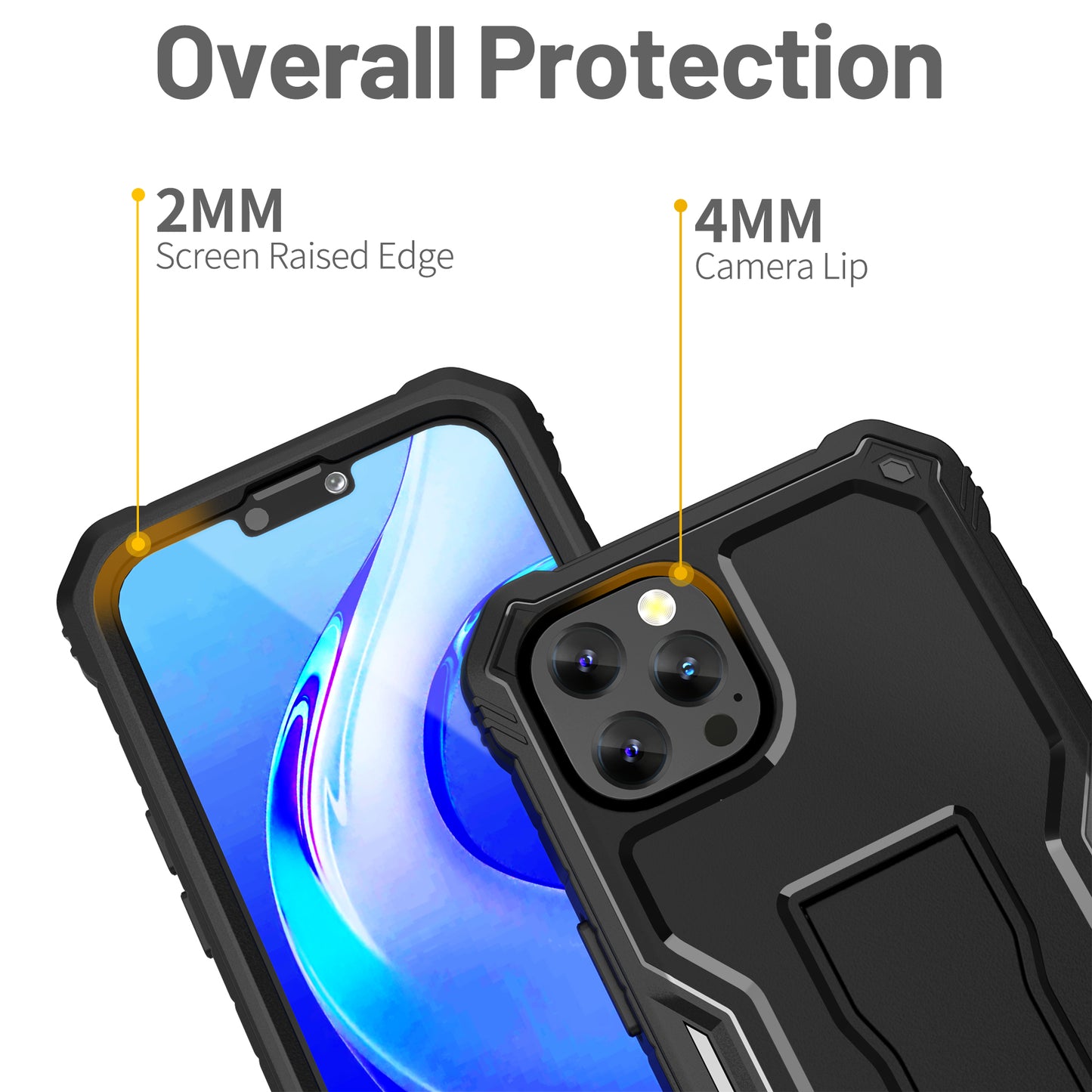 FITO for Apple iPhone 13 Case, Dual Layer Shockproof Heavy Duty Case with Tempered Glass Screen Protector and Built in Kickstand