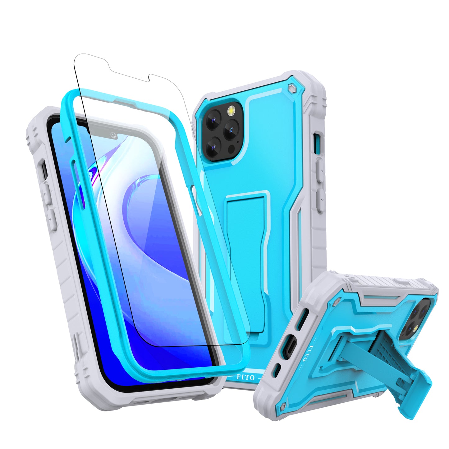 FITO for Apple iPhone 13 Case, Dual Layer Shockproof Heavy Duty Case with Tempered Glass Screen Protector and Built in Kickstand