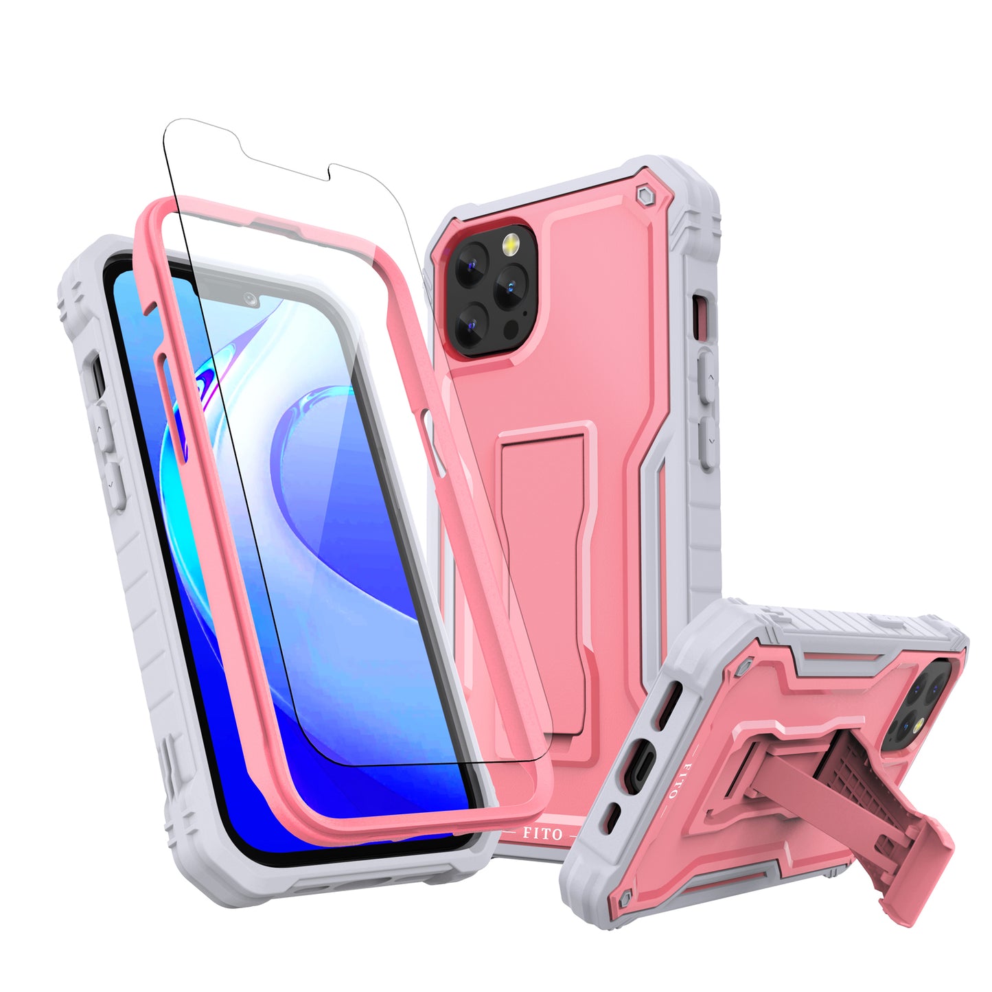 FITO for Apple iPhone 13 Case, Dual Layer Shockproof Heavy Duty Case with Tempered Glass Screen Protector and Built in Kickstand