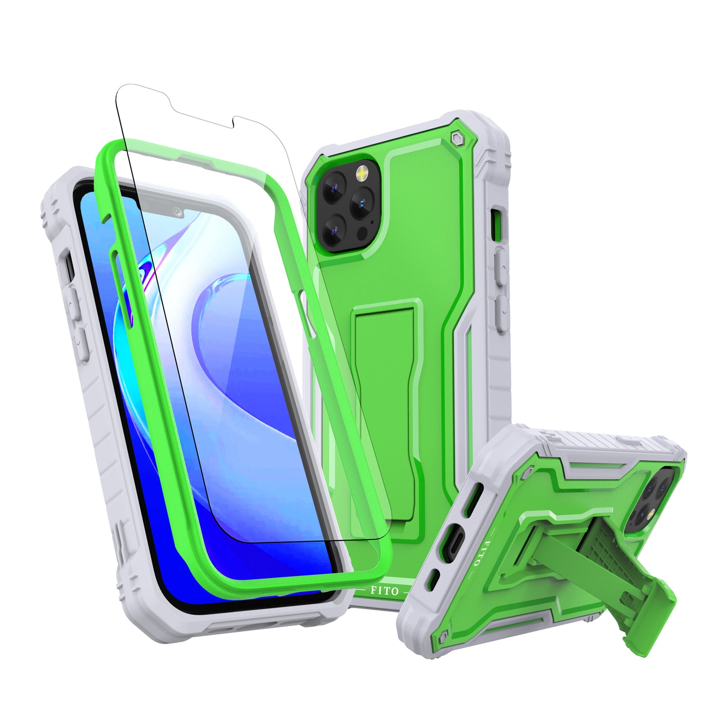FITO for Apple iPhone 13 Case, Dual Layer Shockproof Heavy Duty Case with Tempered Glass Screen Protector and Built in Kickstand