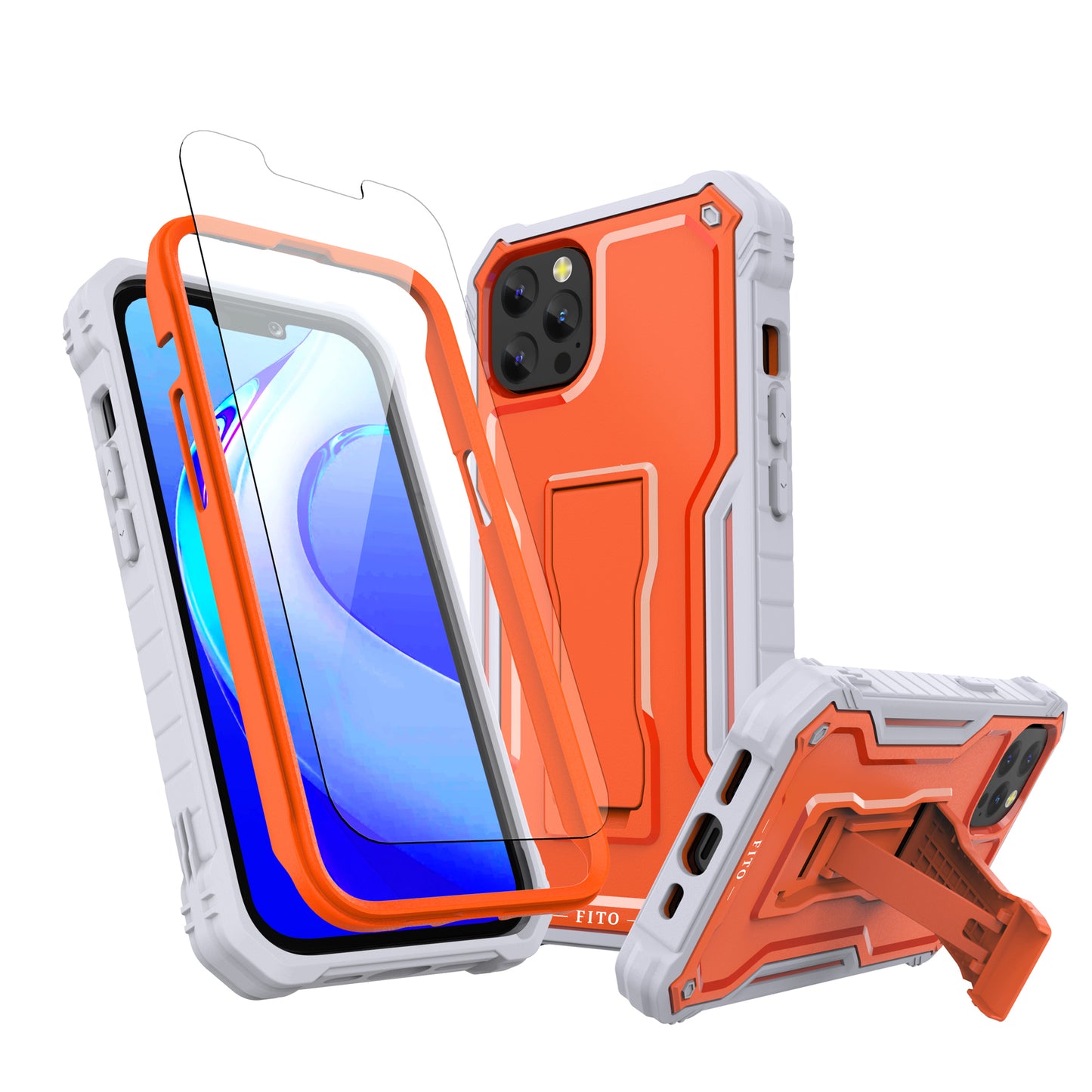 FITO for Apple iPhone 13 Case, Dual Layer Shockproof Heavy Duty Case with Tempered Glass Screen Protector and Built in Kickstand