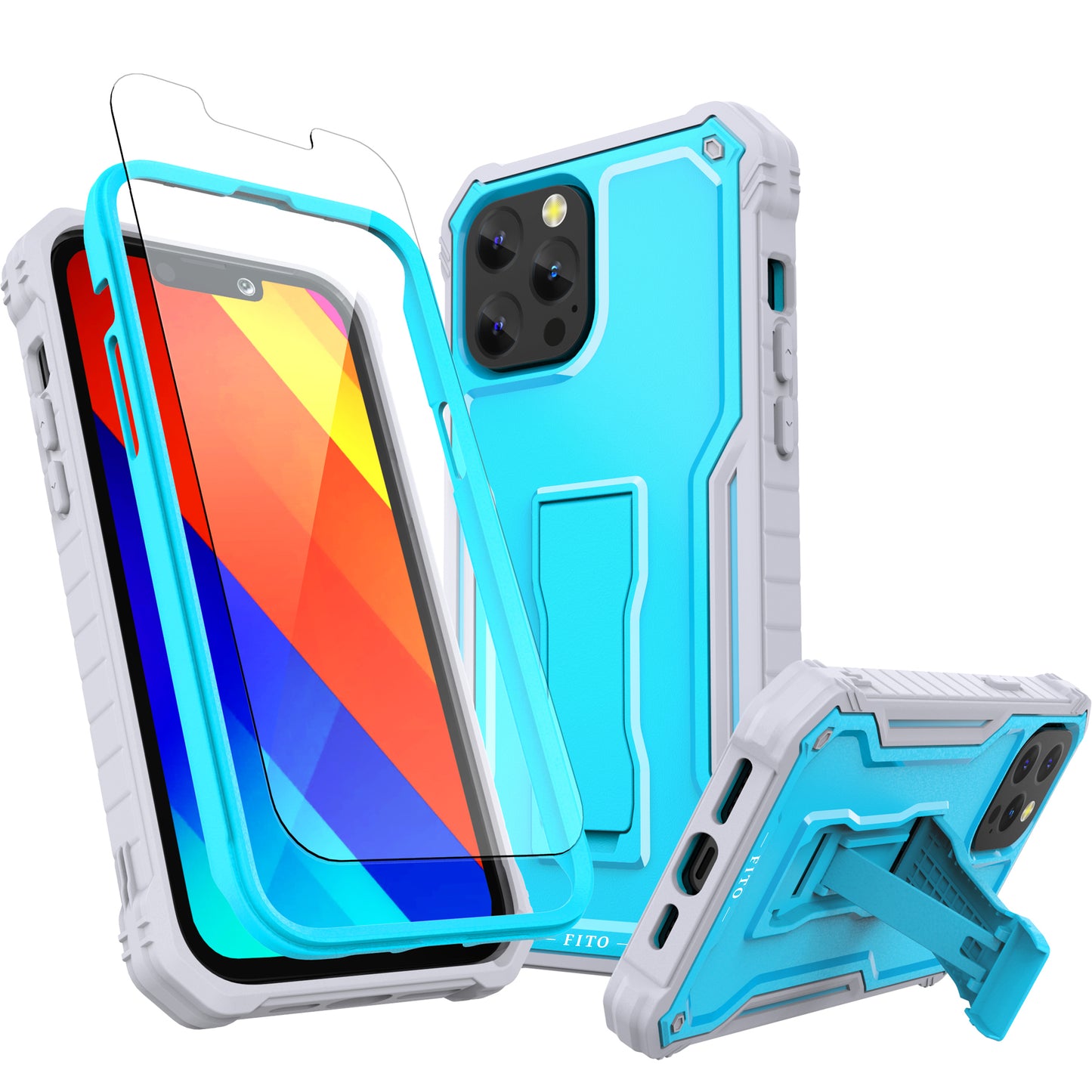 FITO for Apple iPhone 13 Pro Max Case, Dual Layer Shockproof Heavy Duty Case with Tempered Glass Screen Protector and Built in Kickstand