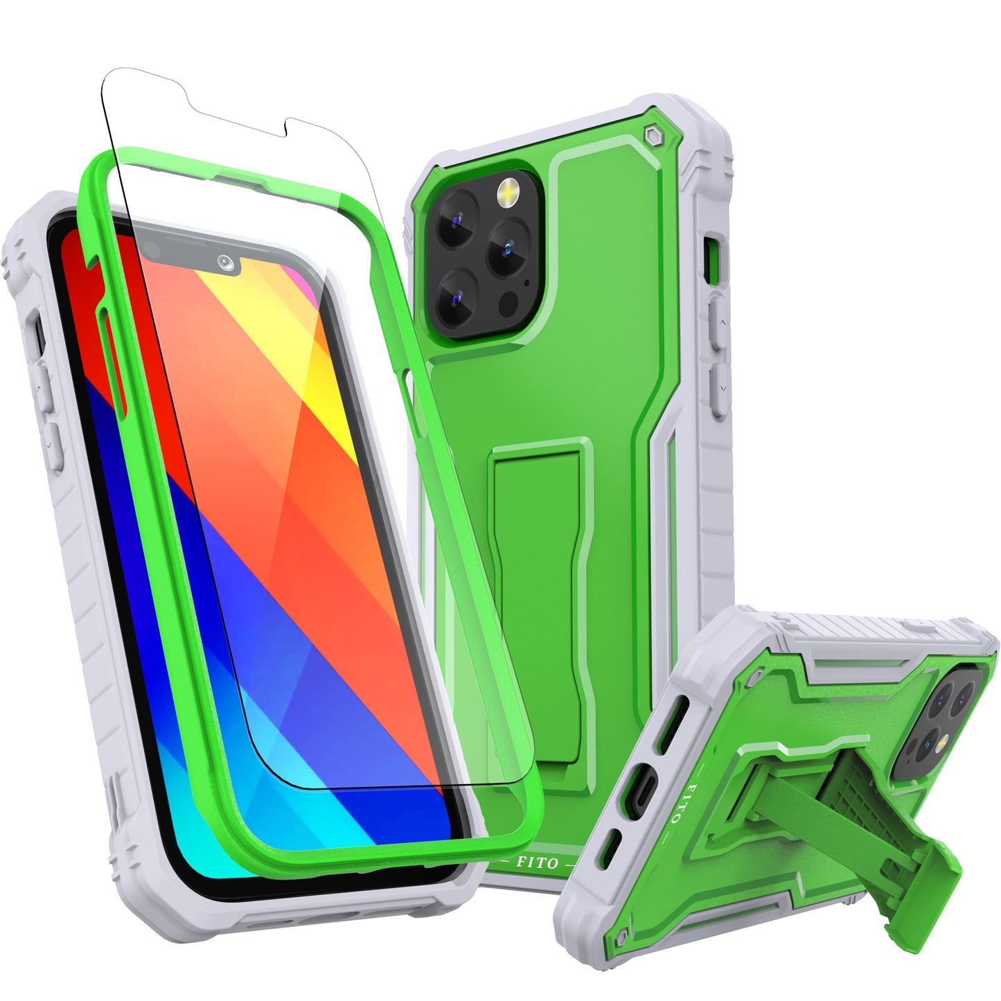 FITO for Apple iPhone 13 Pro Max Case, Dual Layer Shockproof Heavy Duty Case with Tempered Glass Screen Protector and Built in Kickstand