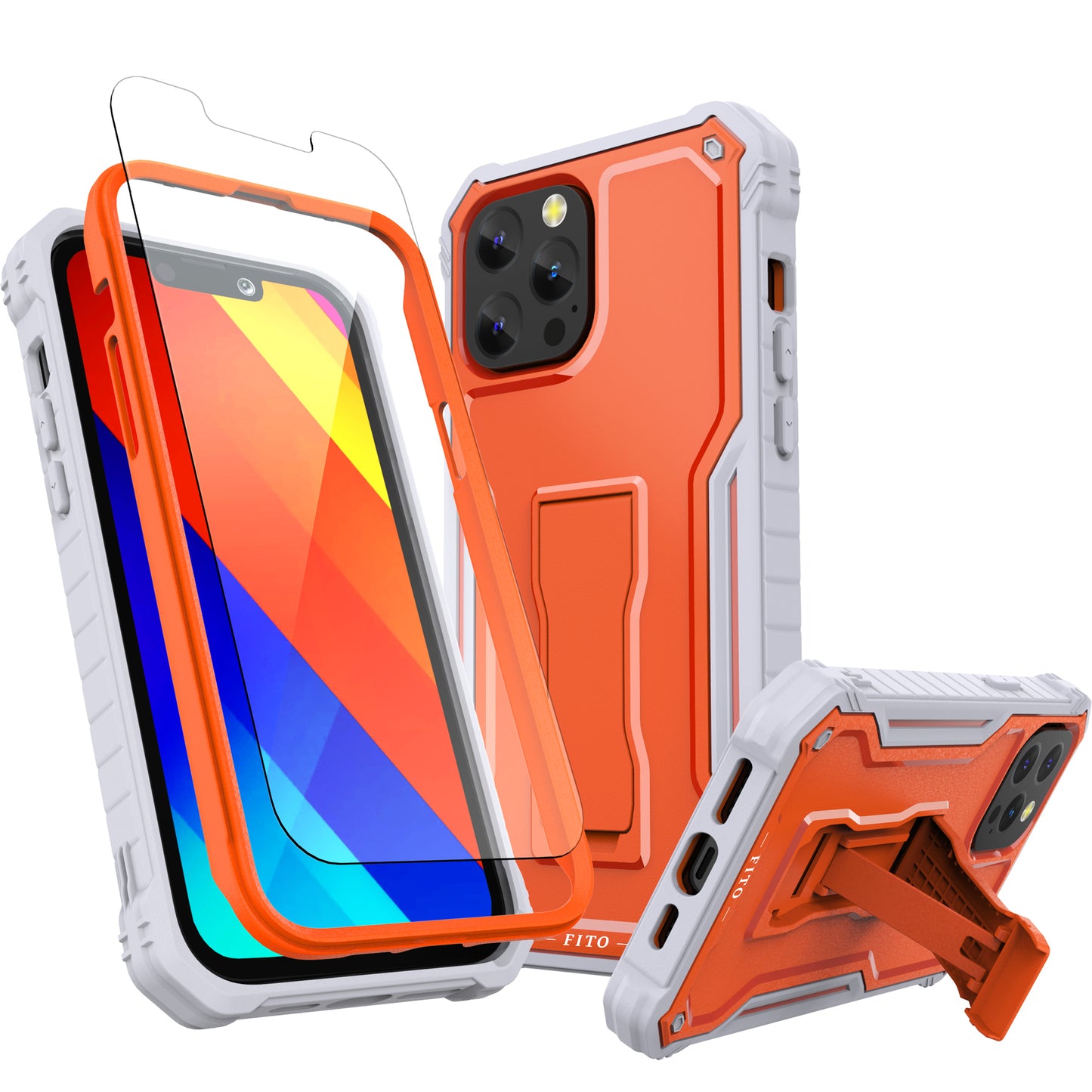 FITO for Apple iPhone 13 Pro Max Case, Dual Layer Shockproof Heavy Duty Case with Tempered Glass Screen Protector and Built in Kickstand