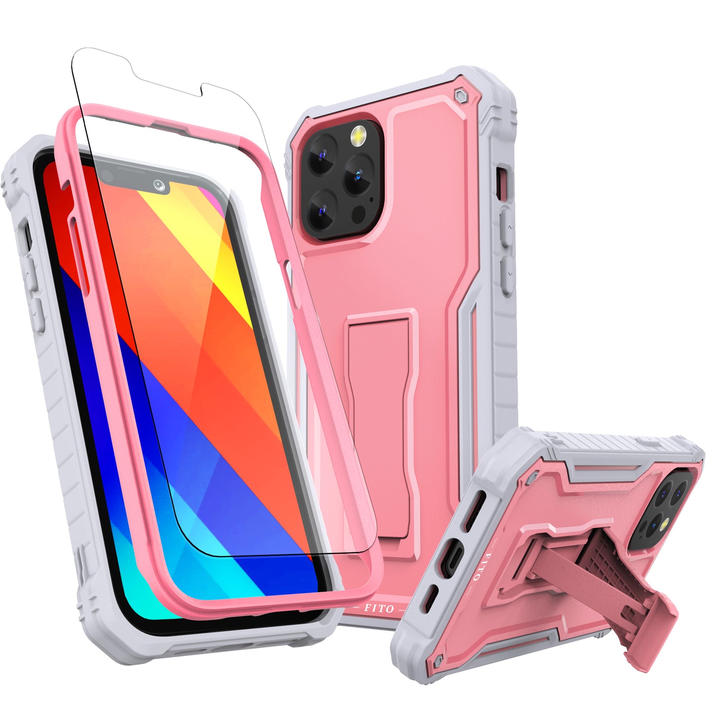 FITO for Apple iPhone 13 Pro Max Case, Dual Layer Shockproof Heavy Duty Case with Tempered Glass Screen Protector and Built in Kickstand