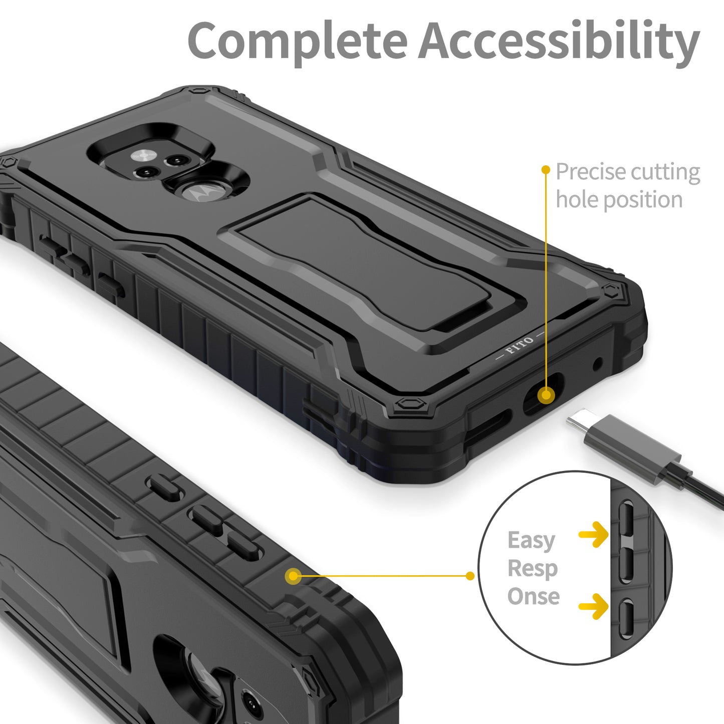 FITO for Moto G Play 2021 Case, Dual Layer Shockproof Heavy Duty Case with Screen Protector Built-in Kickstand