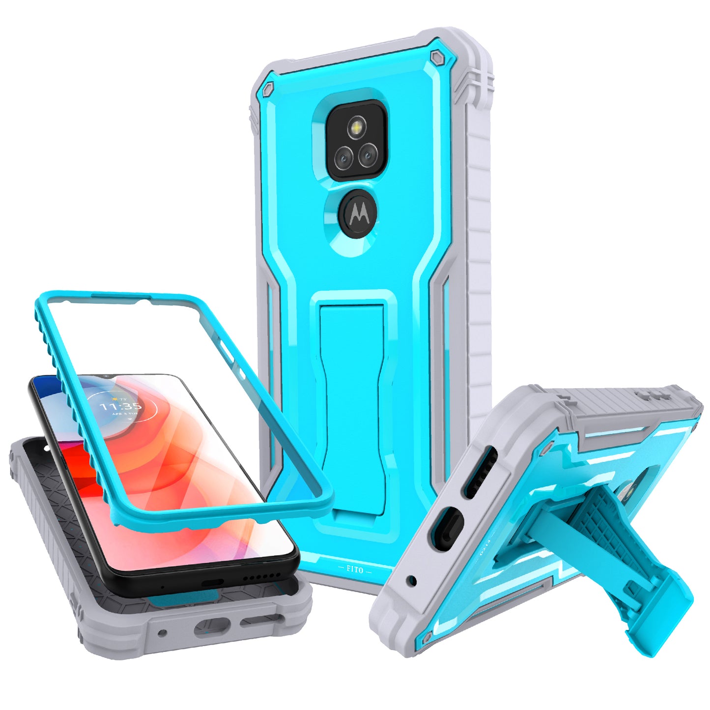 FITO for Moto G Play 2021 Case, Dual Layer Shockproof Heavy Duty Case with Screen Protector Built-in Kickstand