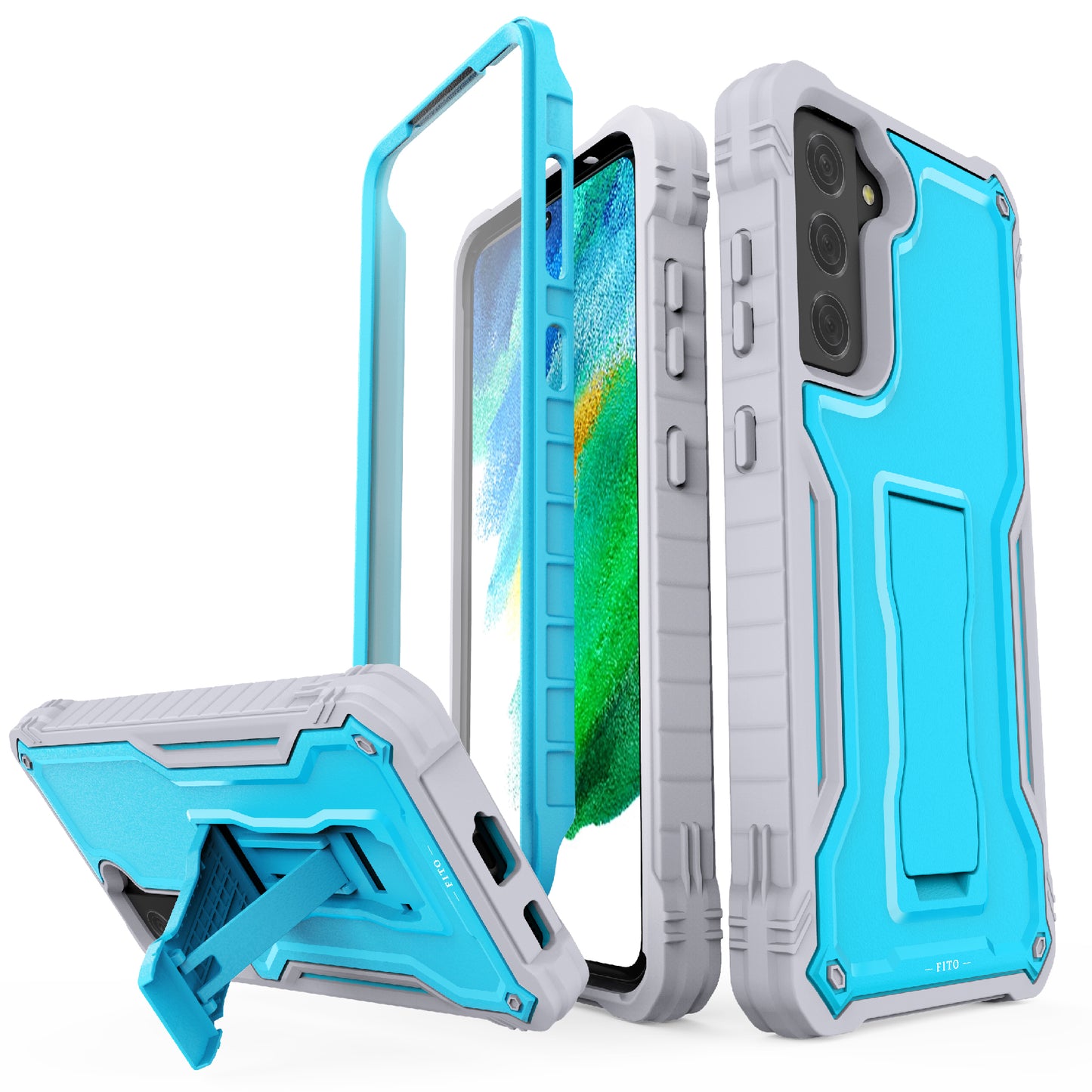 FITO for Samsung Galaxy S21 FE Case, Dual Layer Shockproof Heavy Duty Case for Samsung S21 FE 5G Phone with Screen Protector, Built-in Kickstand