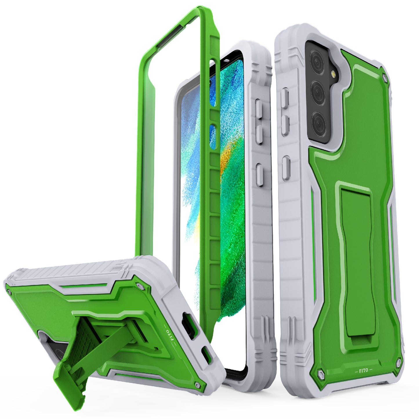 FITO for Samsung Galaxy S21 FE Case, Dual Layer Shockproof Heavy Duty Case for Samsung S21 FE 5G Phone with Screen Protector, Built-in Kickstand