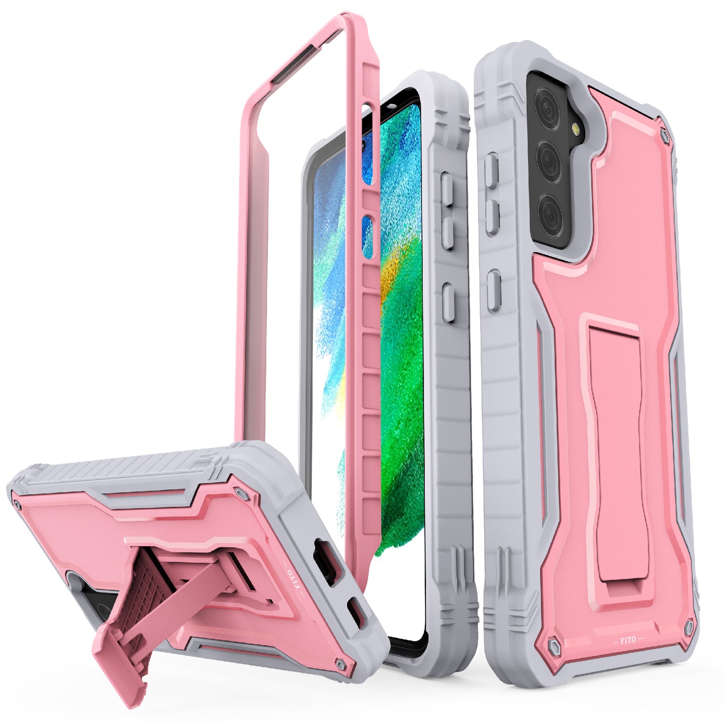 FITO for Samsung Galaxy S21 FE Case, Dual Layer Shockproof Heavy Duty Case for Samsung S21 FE 5G Phone with Screen Protector, Built-in Kickstand