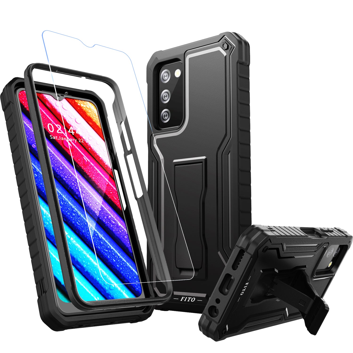 FITO for Samsung Galaxy A03S 5G Case, Dual Layer Shockproof Heavy Duty Case with Glass Screen Protector for Samsung A03S 5G Phone, Built in Kickstand FITO for Samsung Galaxy A03S 5G Case, Dual Layer Shockproof Heavy Duty Case with Glass Screen Protector for Samsung A03S 5G Phone, Built in Kickstand