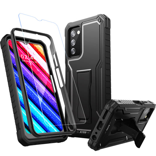 FITO for Samsung Galaxy A03S 5G Case, Dual Layer Shockproof Heavy Duty Case with Glass Screen Protector for Samsung A03S 5G Phone, Built in Kickstand