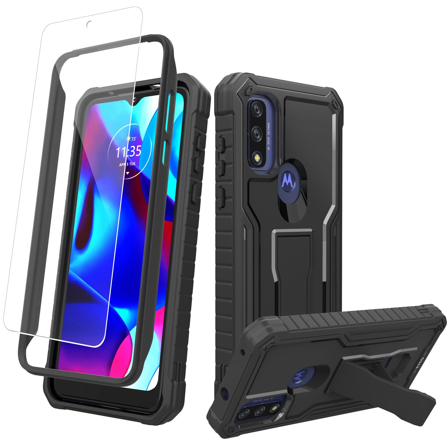 FITO for Moto G Pure Case, Dual Layer Shockproof Heavy Duty Case with a Glass Screen Protector, Built-in Kickstand