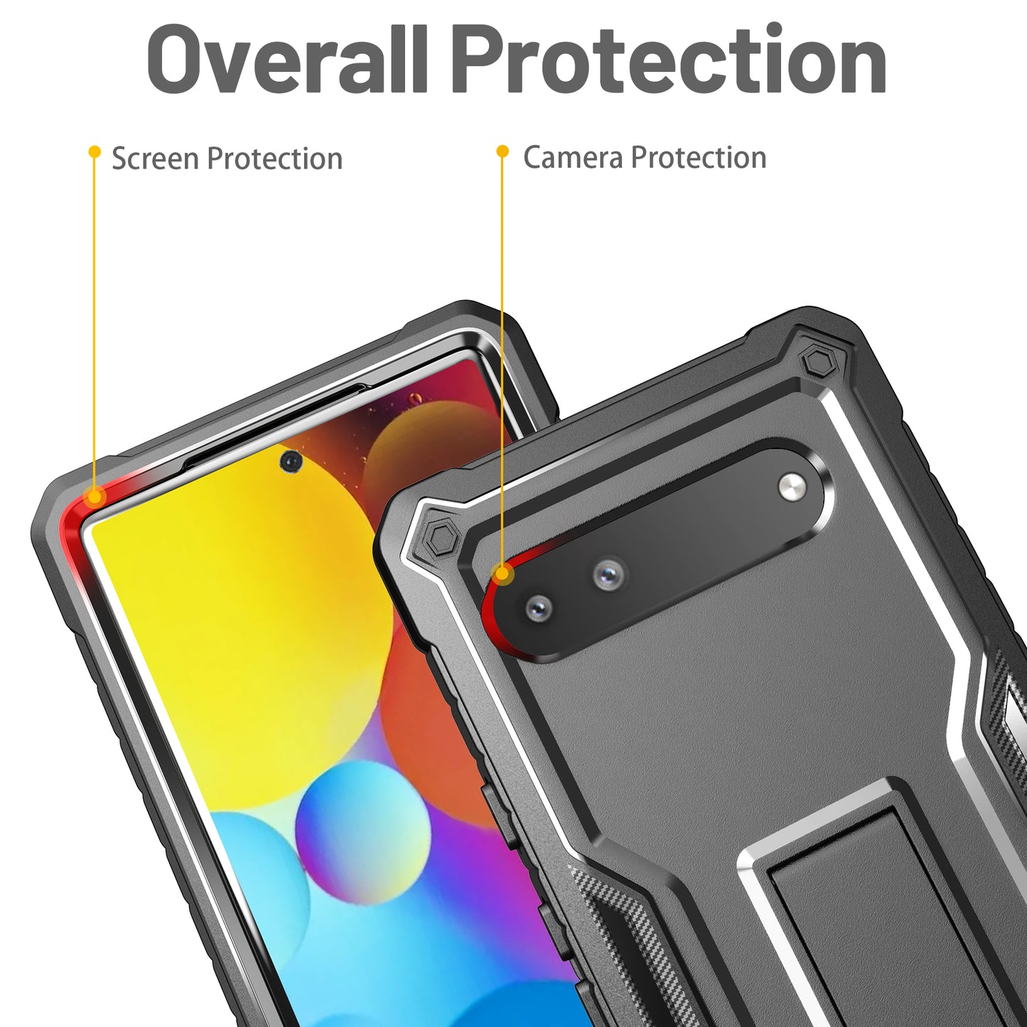 FITO for Google Pixel 6A Case, Dual Layer Shockproof Heavy Duty Case with Tempered Glass Screen Protector Built-in Kickstand