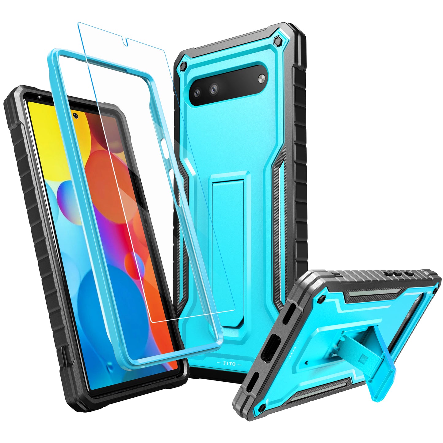 FITO for Google Pixel 6A Case, Dual Layer Shockproof Heavy Duty Case with Tempered Glass Screen Protector Built-in Kickstand