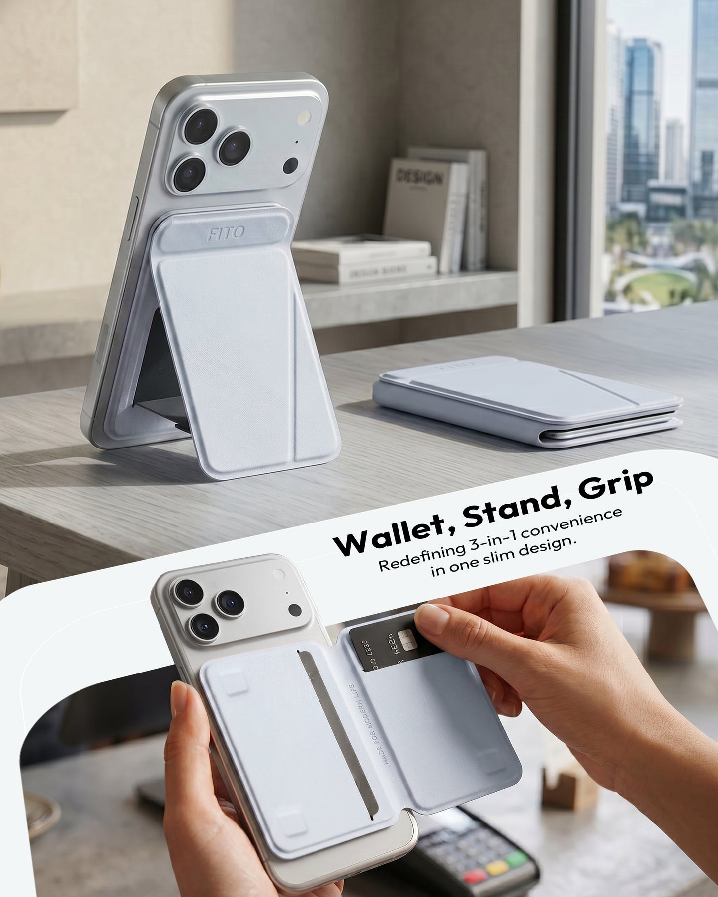 FITO for MagSafe Wallet Stand, 3 Card Holder, RFID Blocking, Magnetic Phone Wallet for iPhone 17e/17/16/15/14/13/12 (Not for 13/12 Mini)