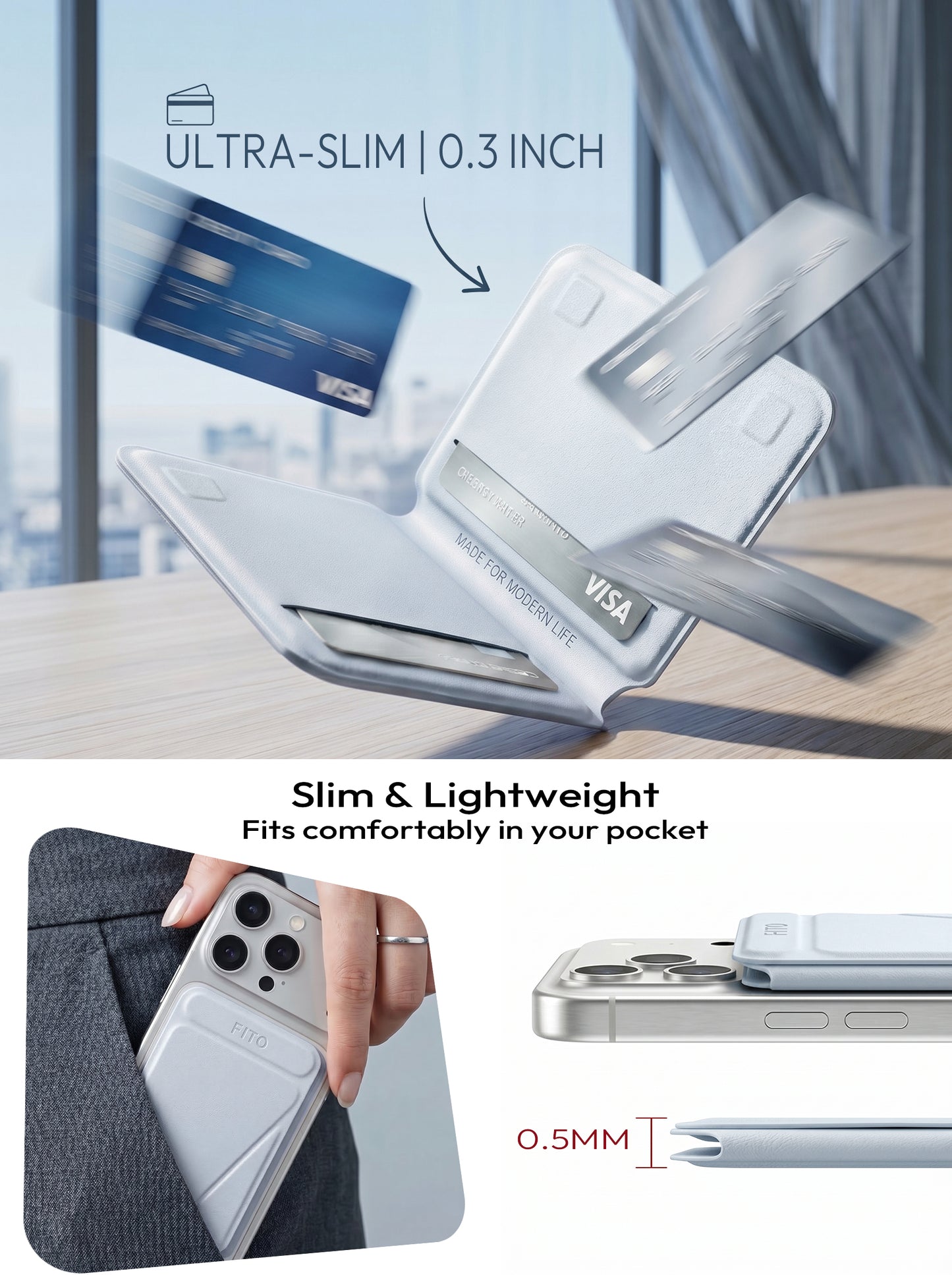 FITO for MagSafe Wallet Stand, 3 Card Holder, RFID Blocking, Magnetic Phone Wallet for iPhone 17e/17/16/15/14/13/12 (Not for 13/12 Mini)