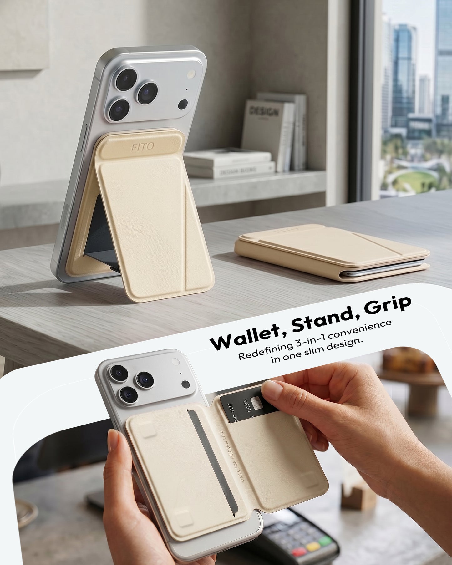FITO for MagSafe Wallet Stand, 3 Card Holder, RFID Blocking, Magnetic Phone Wallet for iPhone 17e/17/16/15/14/13/12 (Not for 13/12 Mini)