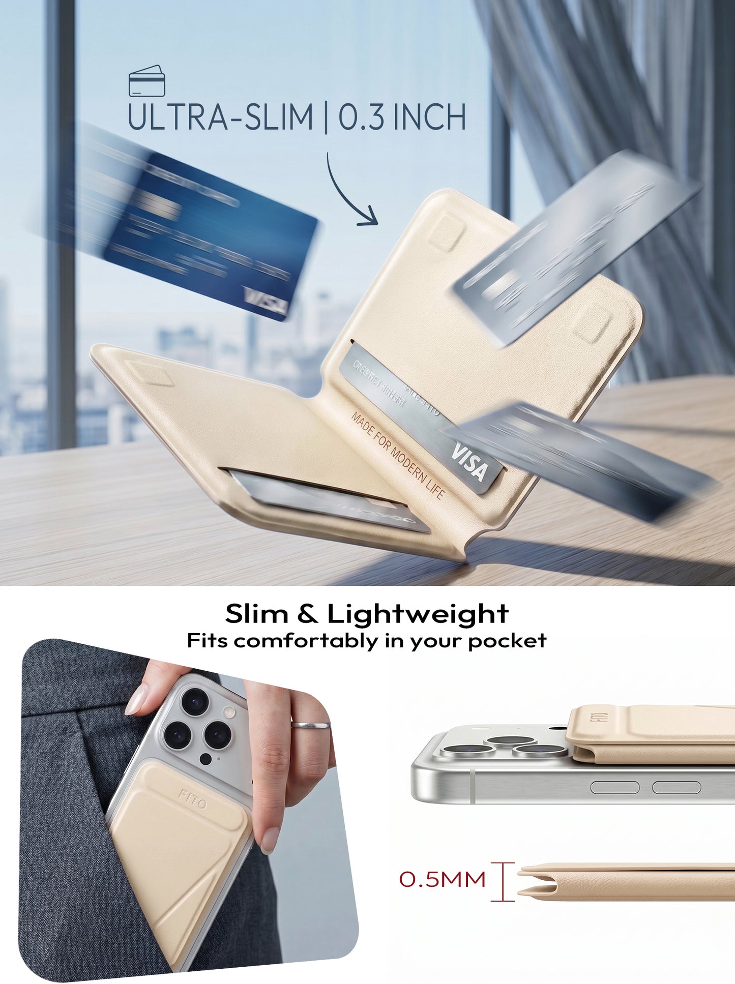 FITO for MagSafe Wallet Stand, 3 Card Holder, RFID Blocking, Magnetic Phone Wallet for iPhone 17e/17/16/15/14/13/12 (Not for 13/12 Mini)