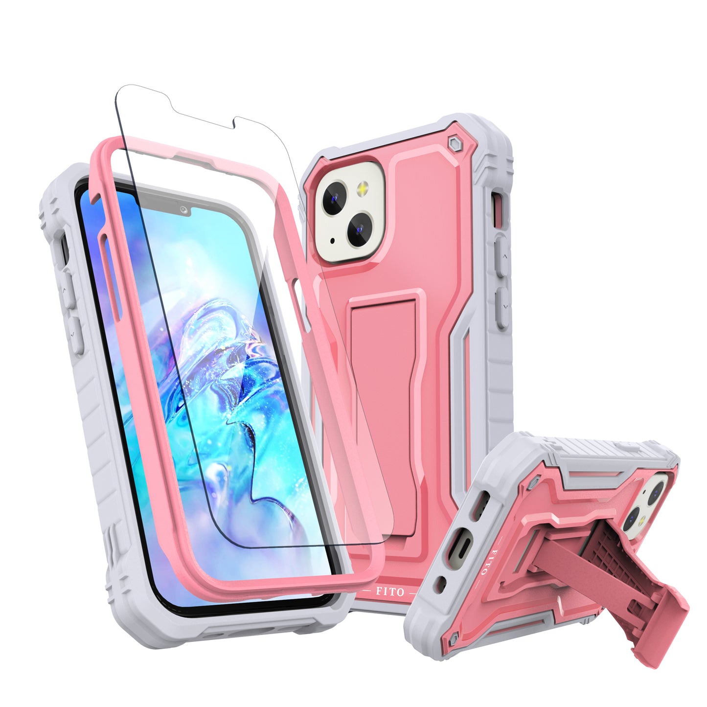 FITO for iPhone 13 Mini Case 5.4 Inch, Dual Layer Shockproof Heavy Duty Case with Screen Protector, Built in Kickstand