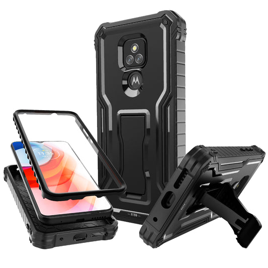 FITO for Moto G Play 2021 Case, Dual Layer Shockproof Heavy Duty Case with Screen Protector Built-in Kickstand