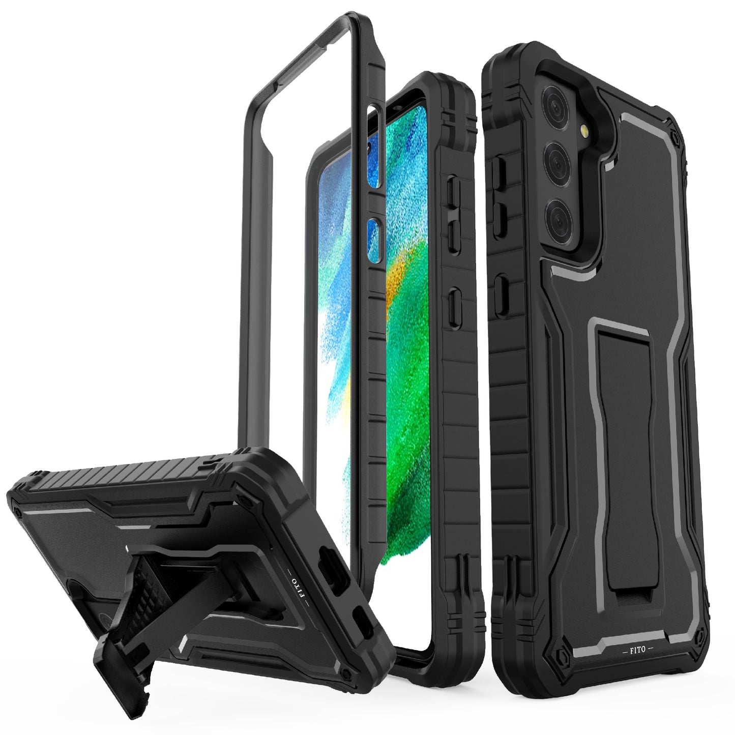 FITO for Samsung Galaxy S21 FE Case, Dual Layer Shockproof Heavy Duty Case for Samsung S21 FE 5G Phone with Screen Protector, Built-in Kickstand